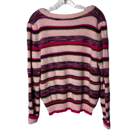 Sundance | Pink Green Striped Wool Blend V-Neck Sweater, Large - Picture 3 of 9